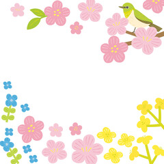Wall Mural - Spring flowers and bird background frame illustration