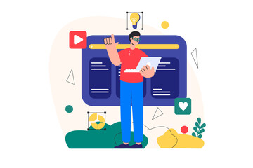 Aufkleber - Concept Web design with people scene in the flat cartoon style. Designer checks all settings before loading the site.
