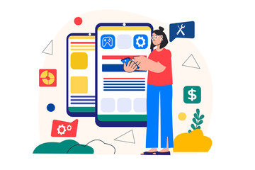 Poster - App development concept with people scene in the flat cartoon design. Developer controls the settings of various applications from the phone.