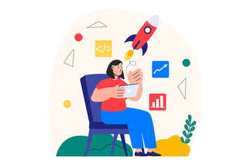 Aufkleber - Business startup concept with people scene in the flat cartoon style. Girl is developing a plan for the implementation of her startup.