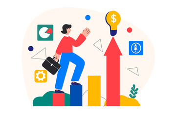 Aufkleber - Business startup concept with people scene in the flat cartoon design. Girl confidently goes to success with her cool ideas.