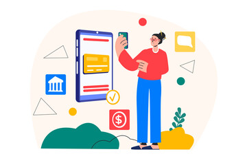 Aufkleber - Concept Mobile banking with people scene in the flat cartoon design. Woman compares information on financial transactions on the phone.
