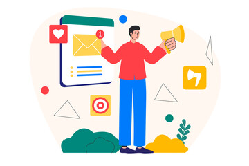 Poster - Email marketing concept with people scene in the flat cartoon style. Employee promotes the product by sending a description of it in e-mail.