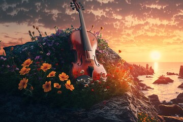 Violin. Sunset. Sunrise. Instrument. Scenery. Illustrator. Generative AI