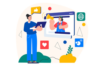 Poster - Digital marketing concept with people scene in the flat cartoon design. Employees use digital technologies and gadgets to engage in marketing.