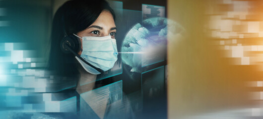 Poster - Creative businesswoman, hologram and digital marketing with mask at night in double exposure. Female employee working with big data, research or networking for future innovation in online startup