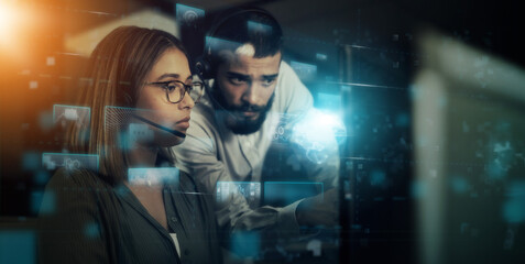 Poster - Creative business people, collaboration and planning for digital marketing, hologram or future networking at night by desktop. Consultants in team strategy for big data, innovation or online startup