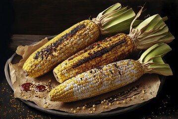 Roasted corn on the cob, in large ears. The kernels are a silky yellow and brown. Generative AI