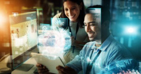 Poster - Creative business people, tablet and digital transformation with hologram for future networking at night in double exposure. Happy developers smile for big data, innovation or IoT in online startup