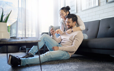 Poster - interracial, couple and people with phone on social media laughing at meme or funny internet content