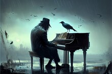 Man Sitting On A Bench At The Piano Against A Melancholic Background, Raven On The Pianoş