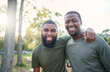 © N Felix/peopleimages.com - Black men, friends and happy face portrait of volunteer people outdoor at a nature park in summer. People together for community service in a green ngo tshirt for recycling and a clean enviroment