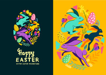 Bright And Colourful Happy Easter Egg Hunt Textures And Layouts With Rabbits. Vector Illustration.