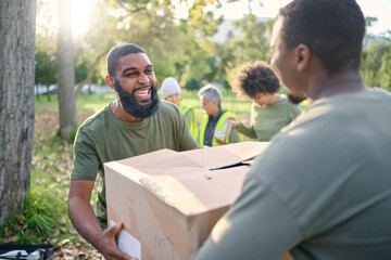 community service, black man and giving box in park of donation, volunteering or social responsibili