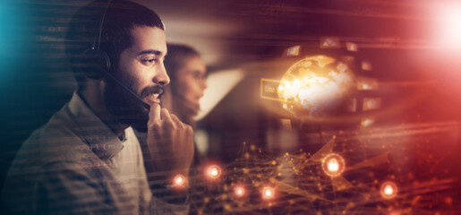 Poster - Call center, customer service and hologram overlay with a man consultant working on global ai for support. Contact, 3d and futuristic world with a male consulting in his international support office