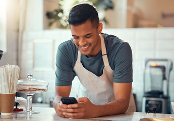 Aufkleber - Phone, small business and barista man in cafe shop for networking, online sales management and ecommerce. Happy waiter, cashier or worker person on smartphone, technology application in restaurant