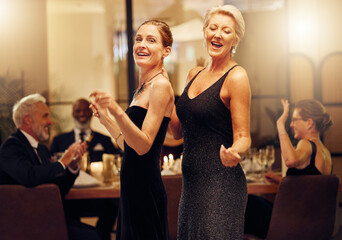 Dance, singing and portrait of women at an event for new years, birthday celebration or party. Smile, happy and mature, elegant and classy friends at a social gala for dancing and to sing at a venue