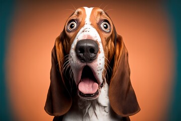 Studio portrait of a basset hound with a surprised face, concept of Staring Eyes and Floppy Ears, created with Generative AI technology