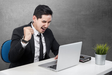 Sticker - Asian businessman sitting with a laptop on the desk with a successful expression