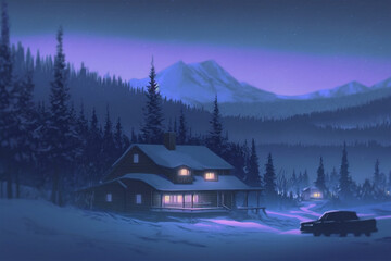 Wall Mural - Winter log cabin snow mountain landscape