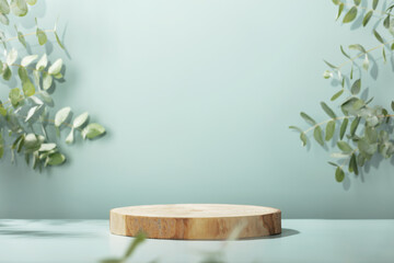 Wood slice podium with eucalyptus leaves on blue background for cosmetic product mockup