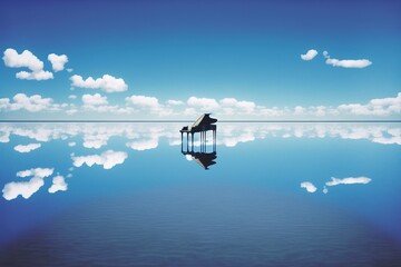 Surreal sea scene with piano on the water at dusk. Sea and sky. Generative AI