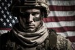 © Svitlana - American soldier on the background of the flag, full equipment, confident look, courage, military merit, pride, leading army, security, conflict resolution. peacekeepers, patriot, camouflage, man. AI