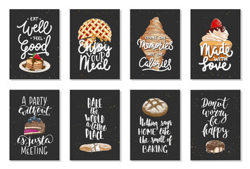 Wall Mural - Set of 8 vector bakery posters with hand drawn unique funny lettering design element for kitchen decoration, prints and advertising cafe wall art. Engraved sketch of cupcake, pancakes, pie, croissant.