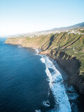 Fototapeta Na ścianę - Aerial view of banana trees growing at field on a cliff next to the sea in Tenerife, Canary Islands