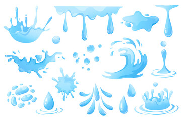 Aufkleber - Water drops and splashes set graphic elements in flat design. Bundle of swirl and curl waves, liquid flow, falling raindrops, flowing and splashing aqua motion. Illustration isolated objects