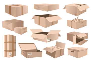 Fototapete - Carton boxes set graphic elements in flat design. Bundle of different open and closed cardboard boxes for packing parcels, transportation and relocation items. Illustration isolated objects