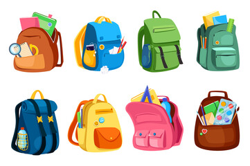 Aufkleber - School bags set graphic elements in flat design. Bundle of different schoolbags, backpacks and rucksacks with books, notepads and stationery for pupil or student. Illustration isolated objects