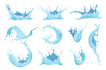 Aufkleber - Water splash set graphic elements in flat design. Bundle of different curl waves of liquid flow, pure splashing swirl aqua motion, crown with spray droplets. Illustration isolated objects