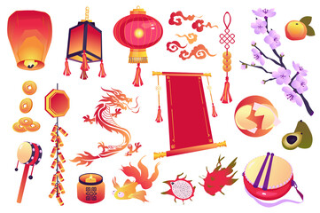 Poster - Chinese culture symbols set graphic elements in flat design. Bundle of red sky lanterns, coins, dragon, candles, dragonfruit, sakura branch, persimmon, and other. Illustration isolated objects