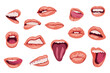 Female mouths expressing emotions set graphic elements in flat design. Bundle of facial gestures of open and closed mouth, bit lip, shows tongue, kisses and other. Illustration isolated objects