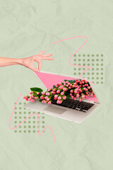 Poster - Composite collage picture image of woman hand opening laptop spring pink flowers 8 march present online order delivery bouquet feminine