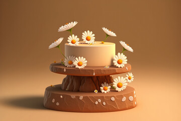 Poster - On a brown background, a stone podium has a cosmetic display stand with daisy blossom blossoms. Generative AI