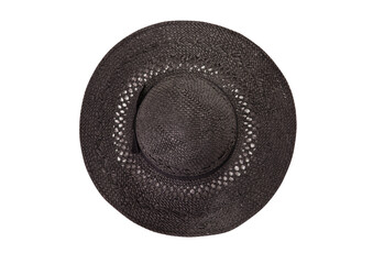 Wall Mural - Beautiful black straw hat with ribbon and bow on white background. Beach hat top view isolated