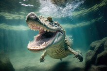 Crocodile Underwater With Mouth Open. Generative Ai