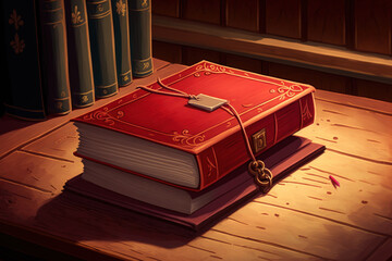 Poster - On an ancient wooden table, a closed book. hardcover in red. a historical backdrop. Generative AI