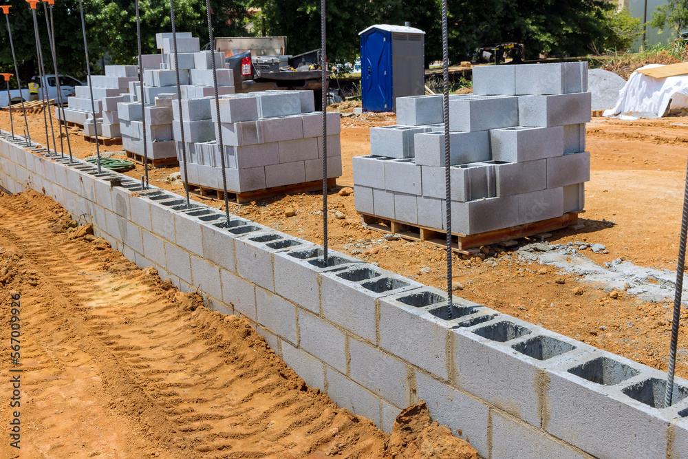 On construction site cement blocks that are ready be used to build wall ...