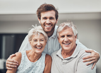 Wall Mural - Family, smile portrait and hug for new home property, homeowner real estate and love together outdoor. Parents happiness, son and quality time in house backyard for support, care and trust outside