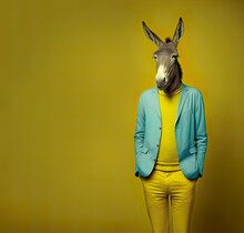 Abstract Funny Animal Portrait Of A Donkey Dressed As A Man, A Businessman, Standing And Posing As A Model On A Vintage Background. Modern Clothes. Illustration. Generative AI.