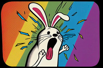 Wall Mural - cartoon of a bored rabbit yawning with a rainbow coming out of it's mouth