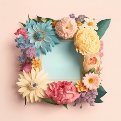 Wall Mural - Creative Spring frame made of fresh, pastel, field flowers and leaves. Copy, empty space. Soft pastel background, flat lay. Floral colorful decoration. Illustration, Generative AI.