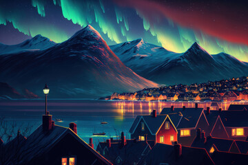 Wall Mural - Overlooking Tromso, Norway, are the northern lights, or Aurora borealis. Generative AI