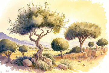 Olive tree adorned countryside in watercolor. olive grove in Greece. Generative AI