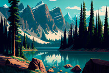 Generative AI Illustration O A Yosemite's Snowy Mountains Scenic, Cloudy Sky, Rocks, Forests And Mirrored Lake.
