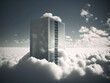 A computer server rising over clouds like a skyscraper, symbolizing the limitless potential of cloud computing. Generative AI illustration