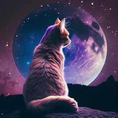 a cat is gazing sideways on a foggy night against a backdrop of the full moon and stars. Generative Ai.
